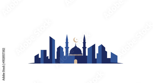Mosque Silhouette with Minarets and Crescent.
