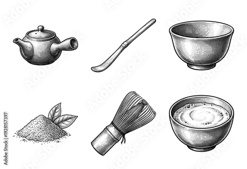 Traditional Japanese matcha tea ceremony set featuring kyusu teapot whisk scoop and ceramic bowls in vintage woodcut engraving style