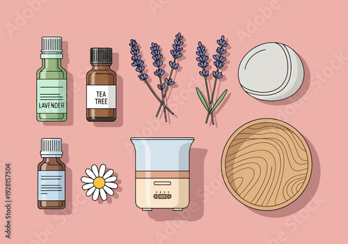 Aromatherapy Essential Oil Serenity With Natural Botanical Elements And Diffuser Arranged On Pink Backdrop