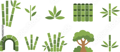 Bamboo vector icon set, green flat design collection of bamboo stalks leaves and tree illustrations isolated on white background