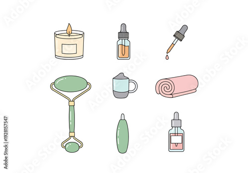Collection Of Wellness And Beauty Routine Items Including Candle Roller Bottle And Towel For Self Care And Relaxation Concepts On White Background