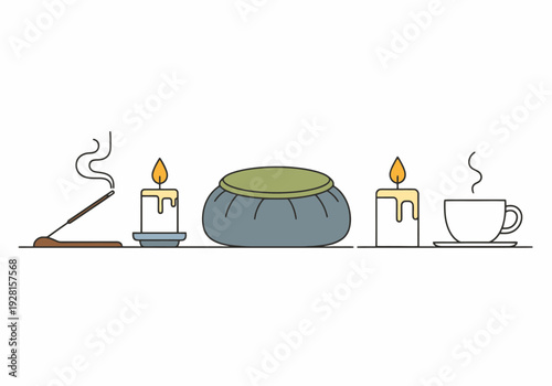 Relaxation elements including lit candles an incense stick a round cushion and a cup of hot beverage for a tranquil atmosphere