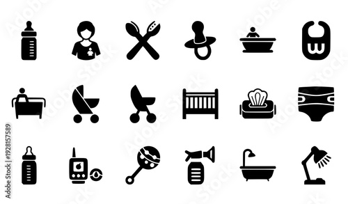 Clean Black Silhouette Infant Feeding and Nursery Icon Collection