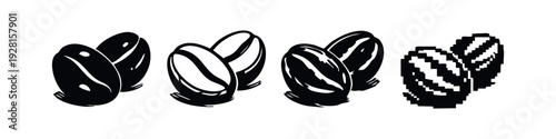 Stylized Coffee Bean Icon Set: Featuring Textured, Outline, Sketchy, and Pixel Art Designs