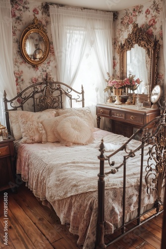 A vintage-inspired bedroom features an ornate wrought-iron bed with pastel bedding and lace details. Antique furniture and floral wallpaper glow in filtered natural light through sheer curtains.