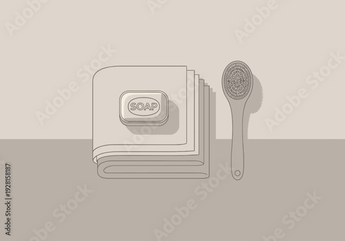Cleanliness Personal Hygiene Items Bar Soap Folded Towel Bristle Brush Arranged on Neutral Background Surface for Spa or Bathroom Routine