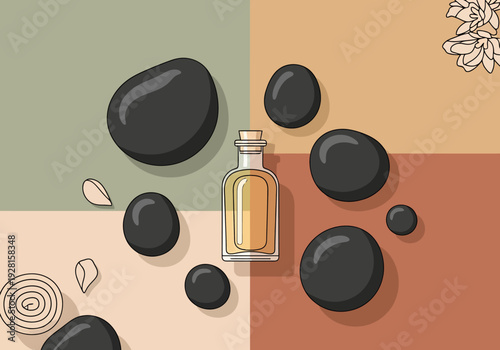 Wellness massage spa stones and essential oil bottle arranged on textured background for relaxation and aromatherapy concept