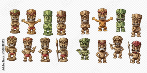 Set of cartoon tiki statues with different expressions and poses, isolated on a white background.