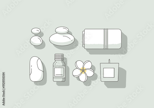 Relaxing Spa Elements For Wellness And Serenity Featuring Smooth Stones Essential Oil Bottle Flower And Candle With Towel On Light Background