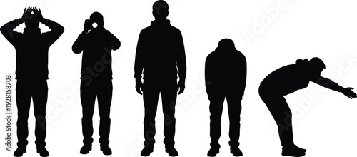 Man silhouette collection showing stress, thinking, standing and bowing poses isolated on white background human emotion vector illustration