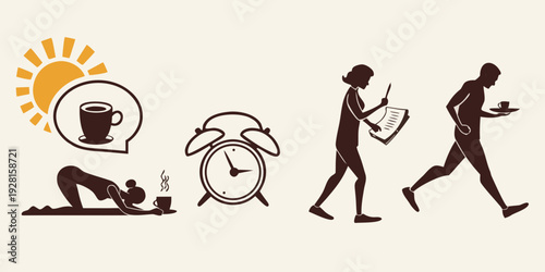 A sequence of icons depicting a person's daily routine and activities. Vector