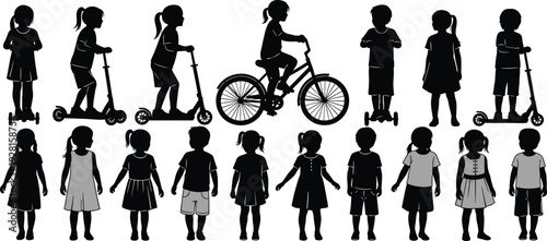 Children silhouette collection with kids riding scooter, bicycle and standing poses isolated on white background vector illustration set
