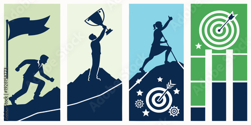 Four distinct images representing achievement, success, and target accomplishment Vector
