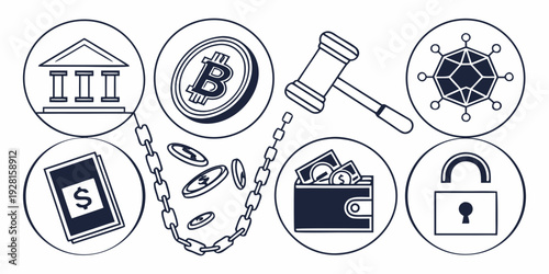 A collection of icons representing various aspects of cybersecurity and data protection. Vector