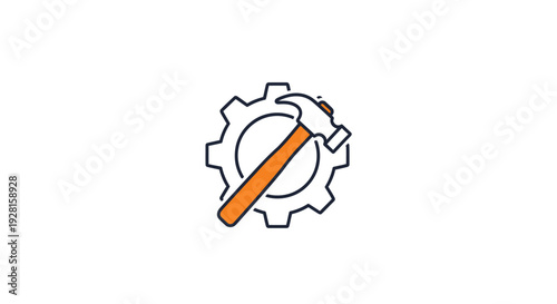Orange hammer on gear icon symbol.