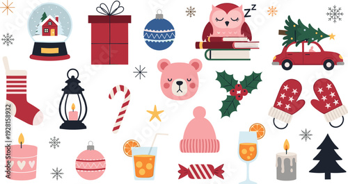Cute Christmas icons vector set with winter holiday decorations, gifts, car, owl, and festive seasonal elements