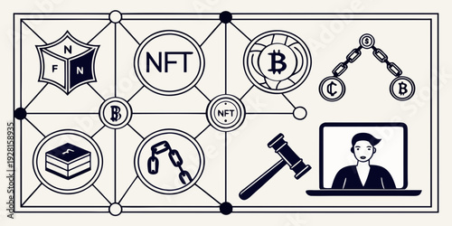 A graphic illustration of various symbols representing different aspects of law and justice. Vector