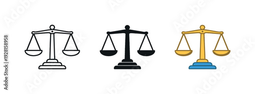 Economic Balance Trio. Economic equilibrium concept represented by a classic balance scale with two equal pans and central beam