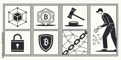 Illustration of various symbols representing law, justice, and security. Vector