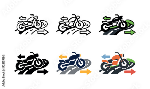 Motorbike journey icon depicting stylized motorcycles, winding roads, and directional arrows representing travel, adventure