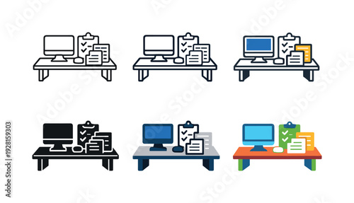 Daily office tasks icon showing stylized desks, computers, documents, calendars, and checklists representing routine