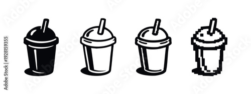 Outline vector icon of a disposable drink cup with a domed lid and straw, on a white background.
