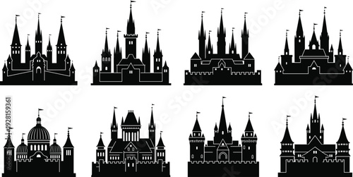 Fantasy castle silhouette collection with medieval palace architecture isolated on white background fairytale fortress vector illustration set