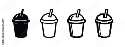 Stylized outline vector icon of a disposable drink cup with a domed lid and straw, on a white background.