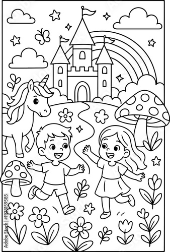 fairytale Magical Wonderland hand drawn vector illustration doodle art line art coloring page for kids