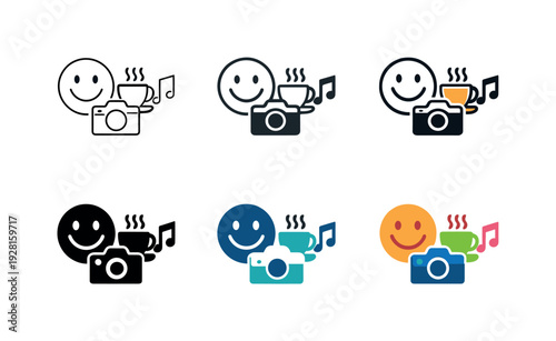 Daily leisure icon featuring a smiling face, coffee cup, camera, and music note, symbolizing joyful everyday activities,