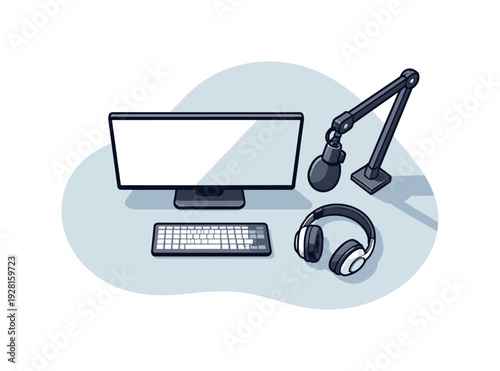 Clean streaming setup minimalist concept viewed from above with generic monitor headphones and mic stand aligned clearly, placed