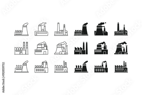 Collection of diverse industrial factory icons in monochrome style