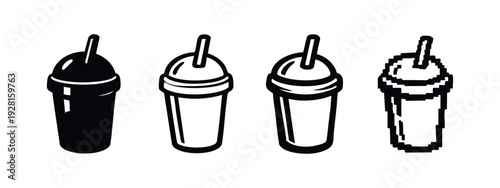 Pixel art style icon of a disposable drink cup with a domed lid and straw, on a white background.