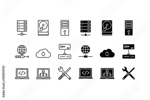 Collection of icons representing various aspects of technology and web development