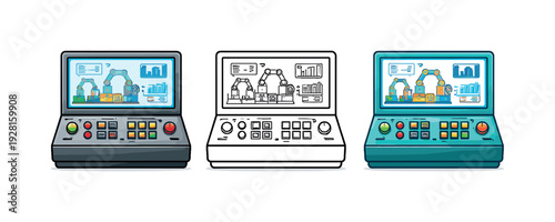 Smart Factory Console Triptych. Smart factory context shown as a digital control console with screen, buttons, and indicator