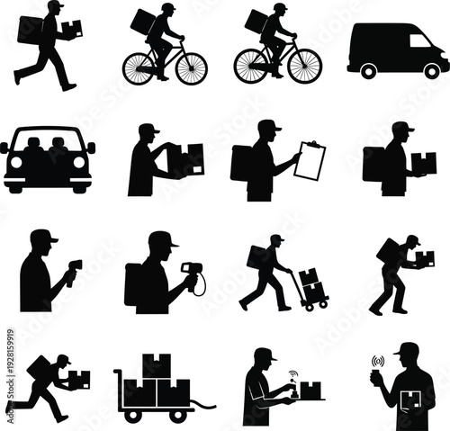 Logistics and delivery icon set. Includes delivery, shipping, packaging, transportation, and courier symbols. Created in black silhouette style with solid color palette.