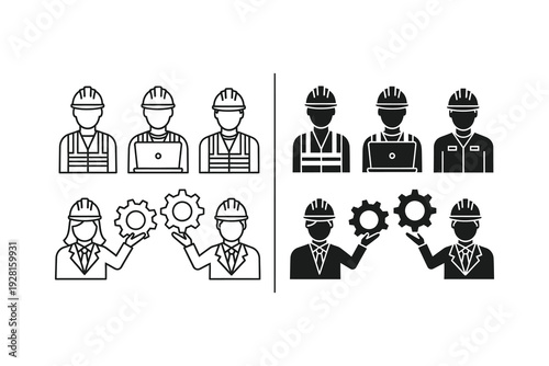 Diverse team of construction professionals collaborating with gear icons.