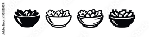 Black silhouette icon of a bowl filled with fresh salad leaves, on a white background.