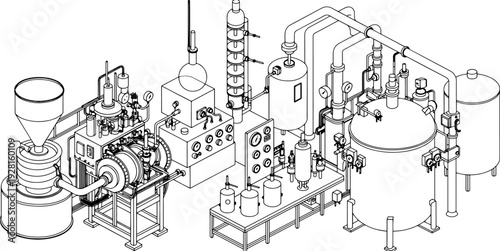 Pharma Manufacturing Factory Line Art Vector Showing Pharmaceutical Machines, Laboratory Instruments, Drug Production Process, Medical Industry Automation and Chemical Engineering System
