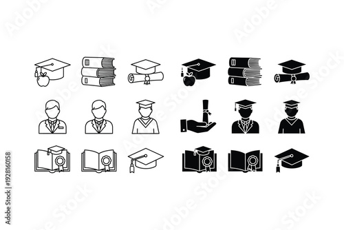 Illustrations of education, professions, and academic achievements in icons