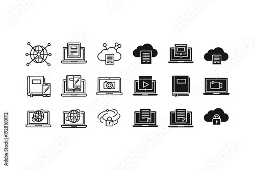 Collection of icons depicting various computer and network-related activities