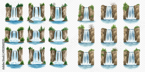 Set of watercolor waterfalls with rocks and green plants, isolated on transparent background.