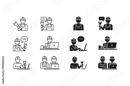 Diverse illustrations of construction workers engaged in various tasks and professions