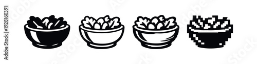Outline vector icon of a bowl filled with fresh salad leaves, on a white background.