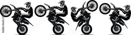 Motocross rider performing wheelie stunt sequence on dirt bike silhouettes isolated on white background extreme sport vector illustration