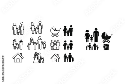 Diverse family and household icons with varying compositions and structures