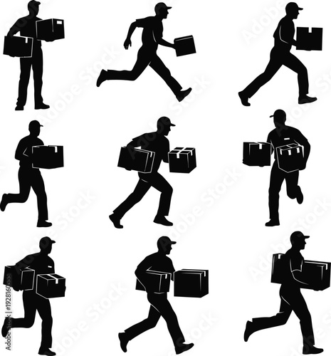 Delivery man running icon set. Includes 9 delivery icons. Created in black silhouette style.