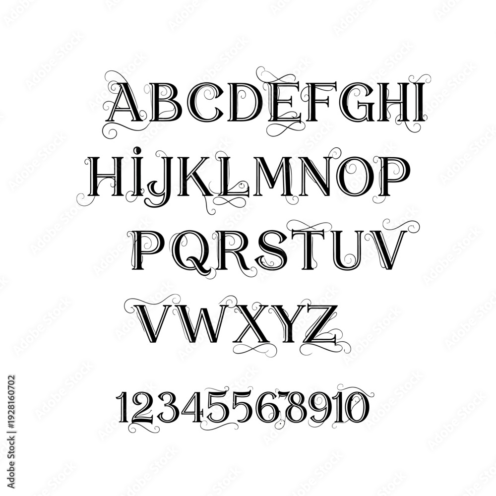 Fototapeta premium Elegant Ornate Calligraphy Alphabet and Numbers Black and White.