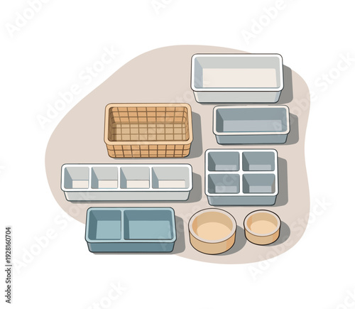 Clean home organization storage concept viewed from above with generic bins baskets and dividers aligned clearly, placed in the