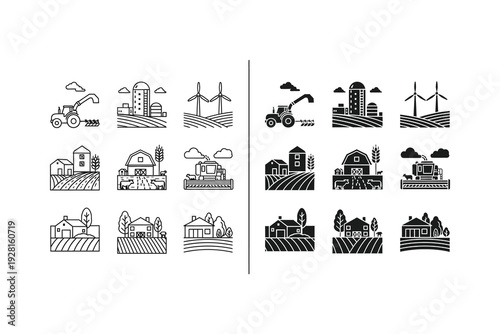 Illustrations of agricultural and urban development with various machinery and landscapes